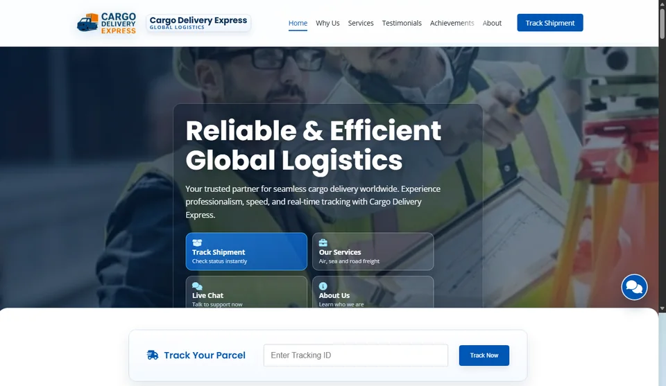 Cargo Delivery Express homepage with shipment tracking