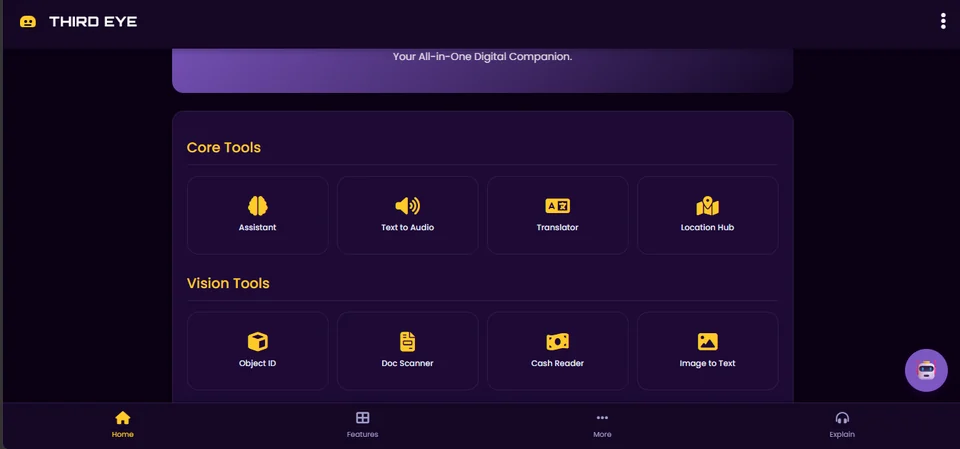 Third Eye dashboard with assistant, translation, and vision tools